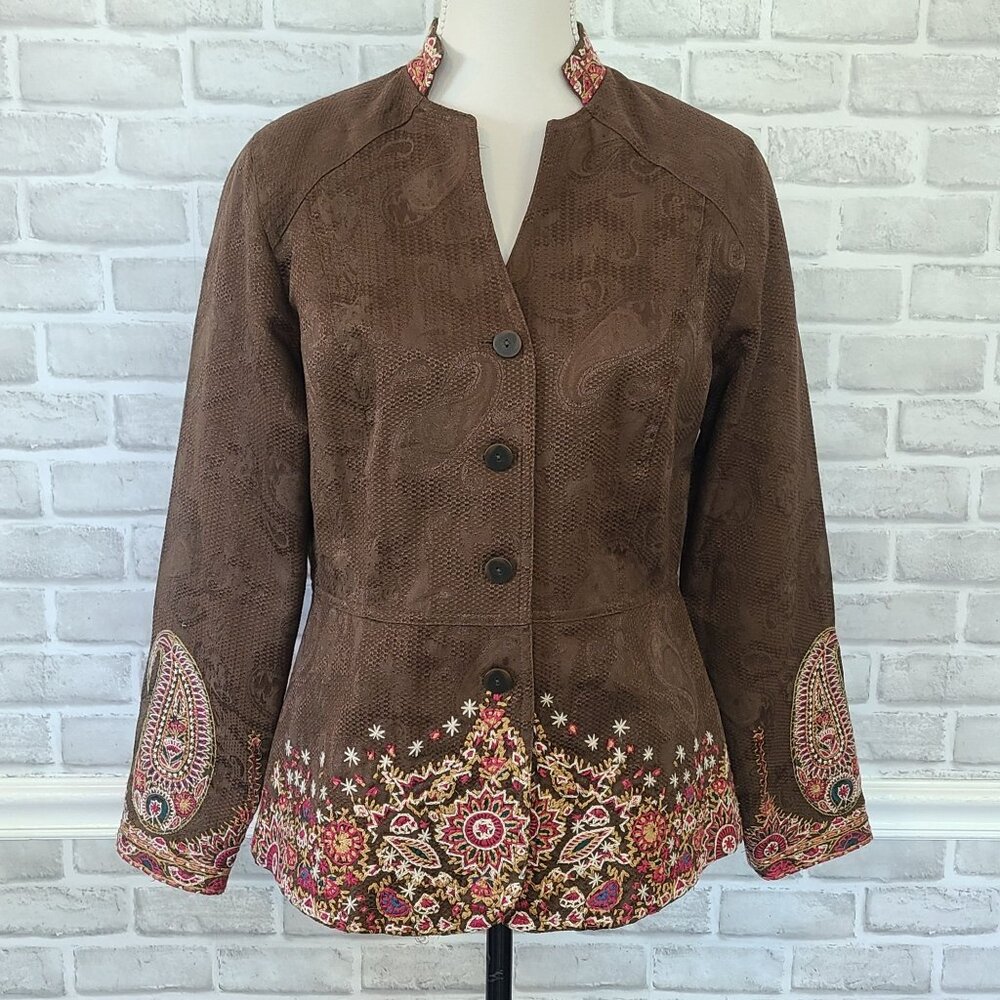 Vintage Coldwater Creek Embroidered Fitted Blazer Jacket Brown Romantic Boho 10